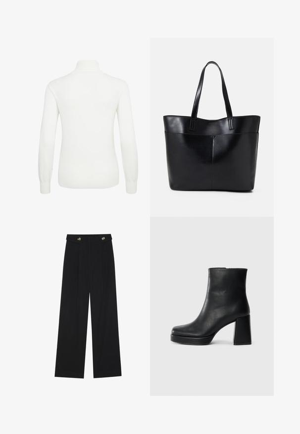 Weißer Pullover mit langen Ärmeln und hohem Kragen. Weicher Strickstoff, taillierte Passform und gerippte Bündchen sowie Saum für Textur und Form.; Schwarze weite Hosen mit hoher Taille, Knopfdetails am Bund und vorderen Falten.; Schwarze Leder-Stiefelette mit Blockabsatz und Plattformsohle, seitlich auf einem schlichten weißen Hintergrund betrachtet.; Schwarze Leder-Shopper-Tasche mit zwei langen Griffen, einer glatten Textur und einer strukturierten Form. Verfügt über eine Vordertasche für zusätzlichen Stauraum.