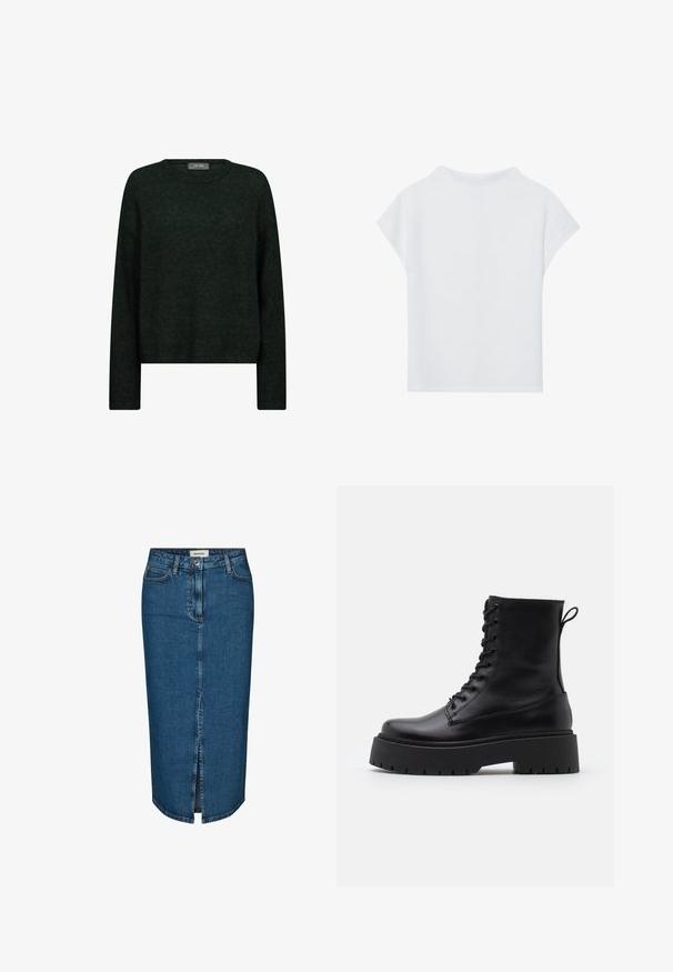 Sötétzöld pulóver kerek nyakkal, hosszú ujjal és laza fazonnal. Texturált anyagból készült, finom tónusos mintákkal.; Fehér, rövid ujjú felső, amely laza szabású, könnyű anyagú és kerek nyakú. A hátoldali nézet sima, egyszerű dizájnt mutat.; Sötétkék farmer ceruzaszoknya, elülső hasítékkal, öt zsebbel és kontrasztos varrással. Közepes derékmagasság, klasszikus dizájn.; Fekete bőr bokacsizma, kerek orral, fűzős elülső résszel és vastag, texturált gumitalppal. Húzófül hátul.