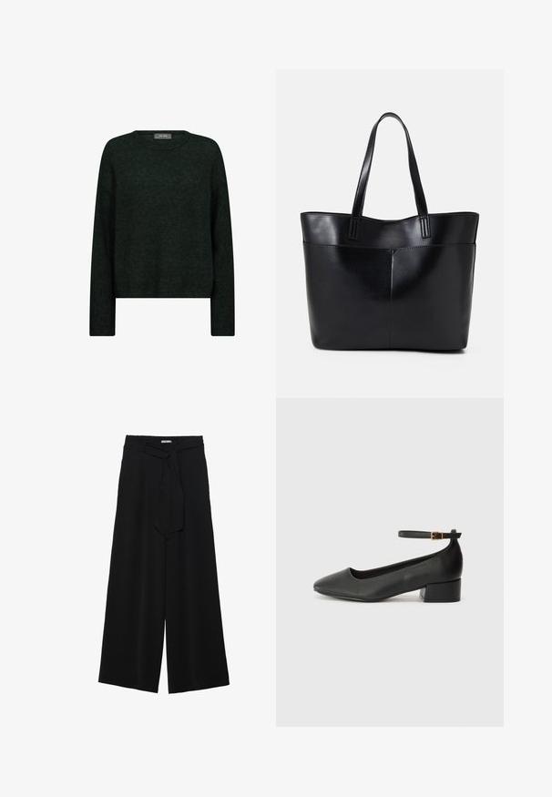 Dunkelgrüner Pullover mit rundem Ausschnitt, langen Ärmeln und lässiger Passform. Hergestellt aus strukturiertem Stoff, mit dezenten, tonalen Mustern.; Schwarze weite Hosen aus strukturiertem Stoff, mit elastischem Bund und einem abnehmbaren Bindegürtel in der Taille für eine verstellbare Passform.; Schwarze Lederpumps mit spitzem Zehenbereich und niedrigem Blockabsatz. Mit einem Knöchelriemen und einer goldfarbenen Schnalle. Glatte Textur.; Schwarze Leder-Shopper-Tasche mit zwei langen Griffen, einer glatten Textur und einer strukturierten Form. Verfügt über eine Vordertasche für zusätzlichen Stauraum.