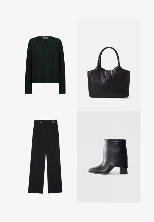 Temno zeleno pulover z okroglo ovratnico, dolgimi rokavi in sproščenim krojem. Narejen iz teksturirane tkanine, ki vsebuje subtilne tonalne vzorce.; Črne široke hlače s visokim pasom, gumbnimi detajli na pasu in sprednjimi gubami.; Črne usnjene gležnjarje z izostrenim prstom, gladko teksturo in trdnimi blokastimi petami. Imajo visok, zložen manšeti.; Črna usnjena torba s gladko teksturo, strukturirano obliko, dvema ročkama in izrazitim srebrnim sponko na sprednji strani.