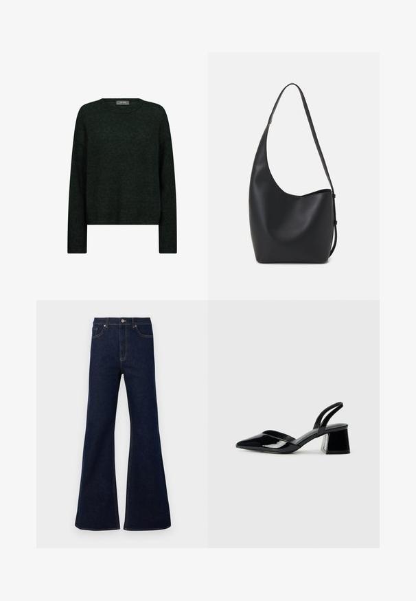Mörkgrön tröja med rund halsringning, långa ärmar och avslappnad passform. Tillverkad av текстurerat tyg och har subtila tonala mönster.; Mörkblå utsvängda denim jeans med hög midja, framfickor och gyllene sömdekorationer. Slät textur med en klassisk passform.; Svarta lackläder slingback klackar med spetsig tå och geometrisk klack. Har en elegant, minimalistisk design och slät yta.; Svart läder hobo-väska med en slät textur, kurvig form och en justerbar axelrem; har en bred öppning upptill.