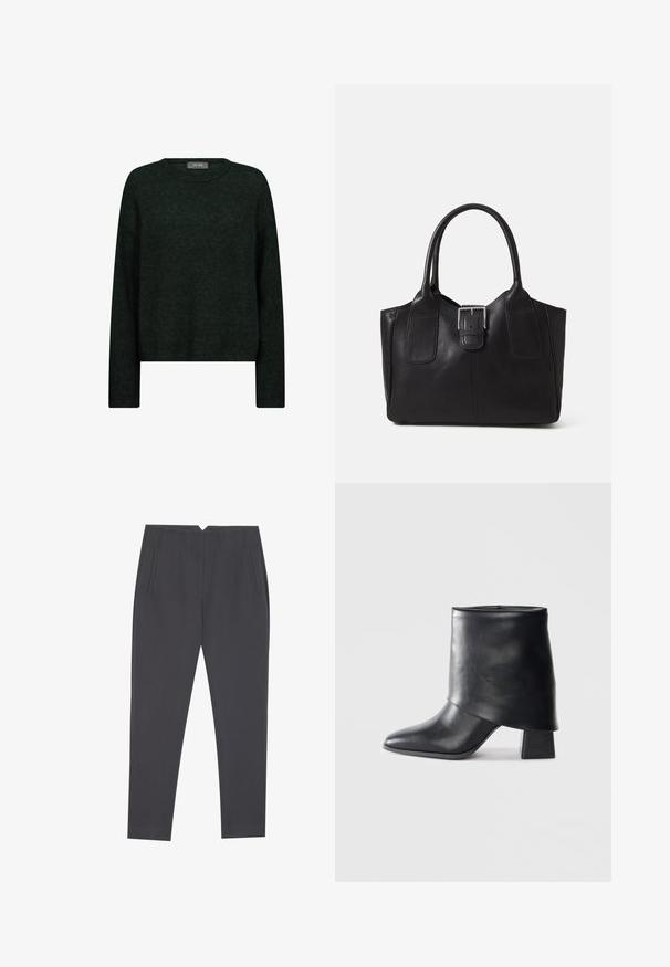 Tumed roheline sviiter ümarate kaelustega, pikkade varrukatega ja vabalt istuv. Valmistatud tekstuurist kangast, millel on pehmed toonilised mustrid.; Tumed hallid kitsad püksid küljetaskute ja esikortsudega, loodud kohandatud istuvuse jaoks.; Mustad nahast pahkluuring, millel on terav varvas, sile tekstuur ja struktureeritud plokknakk. Omab kõrget, volditud suud.; Mustgamma nahast kott, millel on sile tekstuur, struktureeritud kuju, kaks käepidet ja esiküljel silmapaistev hõbedane pandla detail.