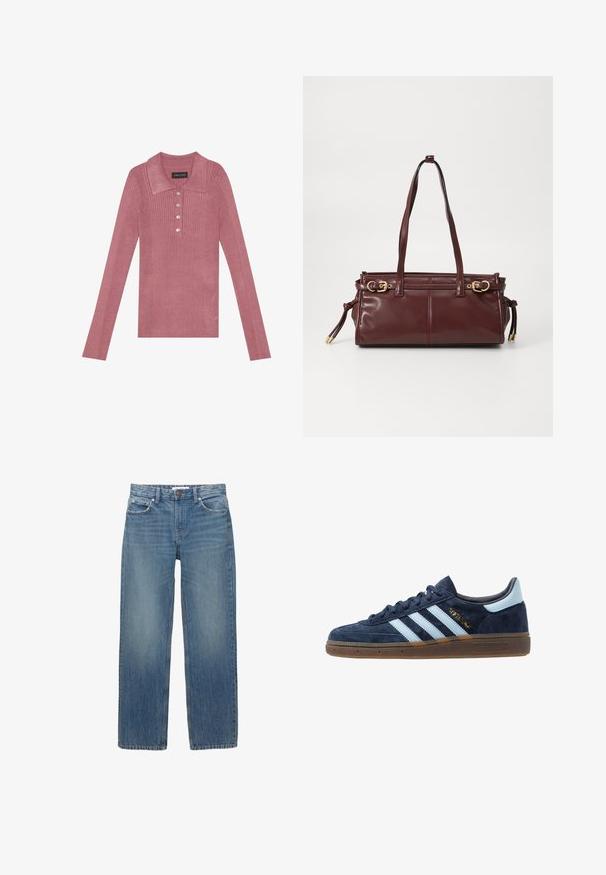 Geribbelde langemouwen polo top in stoffige roos met een kraag, vijf knopen placket en een zachte textuur. Eenvoudig ontwerp zonder extra patronen.; Witte lange mouwen top van ribstof, met een ronde halslijn en een knopenfront met zes doorzichtige knopen.; Lichtblauwe denim jeans met een rechte snit, vijf zakken en koperen hardware. De stof heeft een lichte vervaging en een gladde textuur.; Marineblau suede Adidas sneaker met lichtblauwe strepen, gumzool, lichtblauw hielstuk en gouden "Spezial" branding aan de zijkant.; Bordeaux leren handtas met twee schouderbanden, gouden hardware en een ritsluiting. Heeft een gladde textuur en subtiele stikdetails.