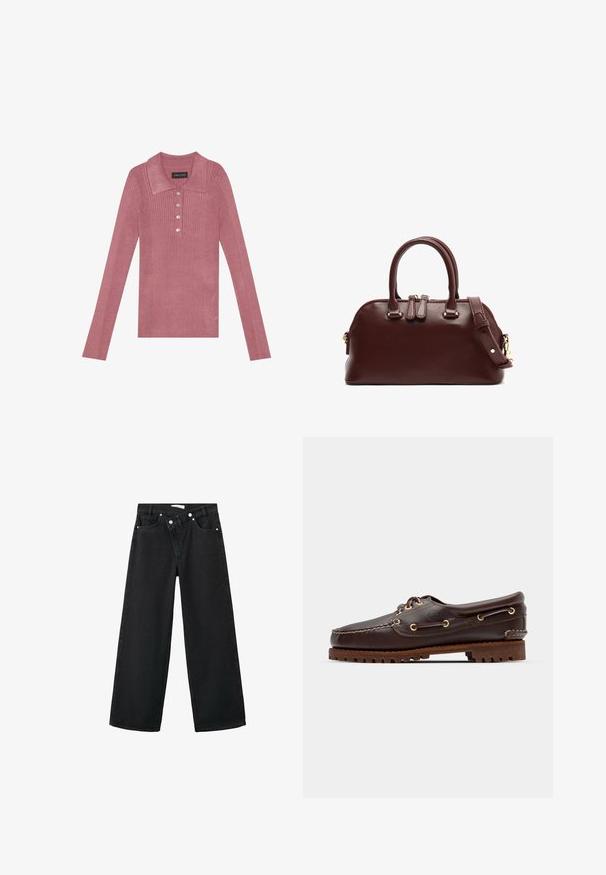 Ribbed pitkähihainen polo paita pölyruusussa, jossa on kaulus, viiden napin napitus ja pehmeä rakenne. Yksinkertainen muotoilu ilman lisäkuvioita.; Mustat korkeavyötäröiset farkut, joissa on leveä lahje, viisi taskua ja hopeanväriset metalliosat etuosassa kiinnitystä varten.; Ruskeaharmaat nahkaiset venesandaalit kultaisilla silmärei'illä, pyöreällä nauhalla ja teksturoidulla ruskealla kumipohjalla. Sisältää kirjontayksityiskohtia ja kohotetun logon.; Burgundin väri nahkainen käsilaukku, jossa on kaksinkertaiset yläsangot, irrotettava olkahihna, kultaiset yksityiskohdat ja pyöreä muoto. Vetoketjukiinnitys.