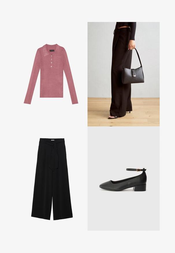 Ribovaný polo top s dlhým rukávom v jemnej ružovej farbe s golierom, s piatimi gombíkmi a jemnou textúrou. Jednoduchý dizajn bez ďalších vzorov.; Čierne široké nohavice s textúrovanou tkaninou, elastickým pásom a odnímateľným viazaním na páse pre nastaviteľné priliehanie.; Čierne kožené lodičky s špicatou špičkou a nízkym blokovým podpätkom. Obsahuje remienok okolo členka so zlatým prackou. Hladký povrch.; Čierna kabelka so štruktúrovaným tvarom, hladkou textúrou a kovovou sponou. V kombinácii so širokými čiernymi nohavicami a sandálmi s otvorenou špičkou na drevenej podlahe.