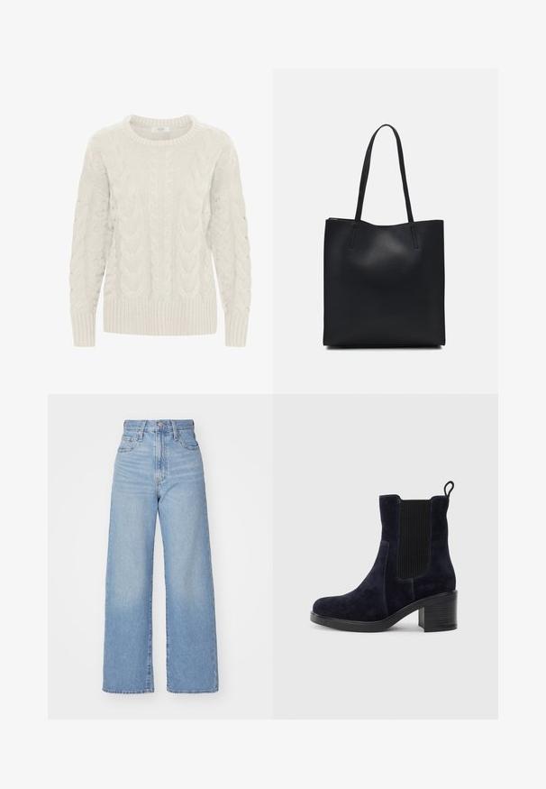 Pull en maille torsadée gris clair avec un col rond, des motifs texturés, et des poignets et un ourlet côtelés. Fabriqué en fil doux et épais.; Jean large taille haute bleu clair avec bouton et fermeture éclair à l'avant, poches avant et arrière, sur fond blanc.; Bottines en suede bleu marine avec panneau latéral élastique, bout rond et talon carré. Le tissu texturé et la semelle lisse ajoutent du contraste.; Sac fourre-tout en cuir noir avec une texture lisse, de forme rectangulaire et deux longues poignées. Pas de matériel ou d'ornementations visibles.