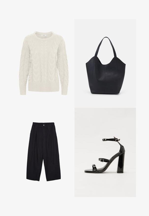 Maglione grigio chiaro a lavorazione cable-knit con collo rotondo, motivi testurizzati e polsini e orlo a coste. Realizzato in morbido filato spesso.; Pantaloni culotte neri in poliestere con una cintura elastica, due pieghe frontali e una silhouette ampia. Nessun motivo visibile o dettagli in metallo.; Sandali con tacco in vernice nera, con punta squadrata, cinturini alla caviglia e fibbie in argento. Presentano un tacco a blocco spesso per maggiore stabilità.; Borsa tote nera realizzata in pelle liscia, con una parte superiore curva e aperta, dotata di due manici per spalla e un design minimalista.