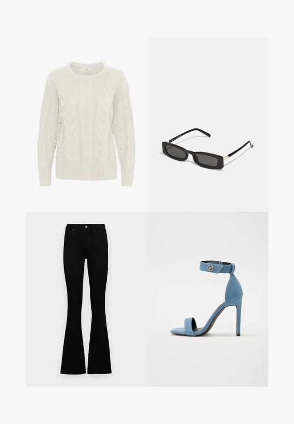 Pulover din lână tricotat cu un model de tip cable-knit, de culoare gri deschis, cu guler rotund, modele texturate și manșete și margine ribbate. Fabricat din fir moale și gros.; Jeans negri cu talie înaltă, cu închidere prin nasture și fermoar, buzunare frontale și picioare evazate, așezați pe un fundal alb.; Sandale cu toc înalt din denim albastru, cu brâu pentru gleznă și închidere cu buton. Dispun de un vârf pătrat și o talpă neagră pentru un contrast.; Ochelari de soare rectangulari negri cu lentile întunecate, rame din plastic lucios și accente aurii pe tample. Design minimalist și formă elegantă.