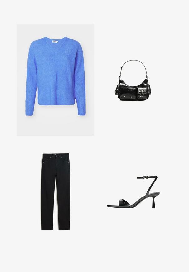 Blauer, gerippter Strickpullover mit V-Ausschnitt, langen Ärmeln und einer entspannten Passform. Hergestellt aus weichem, strukturiertem Material. Das Etikett trägt die Aufschrift "ONLY."; Schwarze Jeans mit geradem Bein, fünf Taschen, Metallknopfverschluss und dezenten Nähten. Glatte Textur.; Bershka High Heel Sandalette - black; Schwarze Lackleder-Handtasche mit geschwungenem Design, einem Schulterriemen, Vordertaschen und silberfarbenen Hardware-Akzenten.