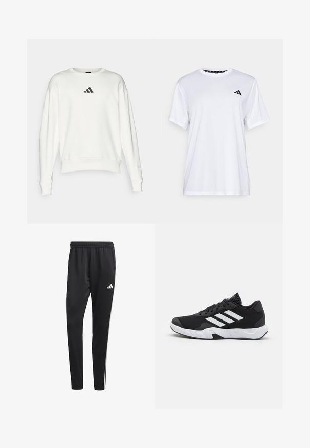 Sweatshirt branco feito de algodão, com decote redondo, punhos largos e um pequeno logótipo preto da Adidas no peito.; Camiseta atlética branca de mangas curtas, feita de tecido que absorve a humidade. Apresenta um logótipo preto no lado esquerdo do peito e um decote interior com padrão.; Calças de treino pretas com um cós elástico, riscas laterais brancas e um pequeno logotipo branco na coxa. Feitas de um material leve e suave.; Tenis negros desportivos com um superior em malha texturizada, riscas brancas de destaque, sola acolchoada e um calcanhar reforçado para suporte.