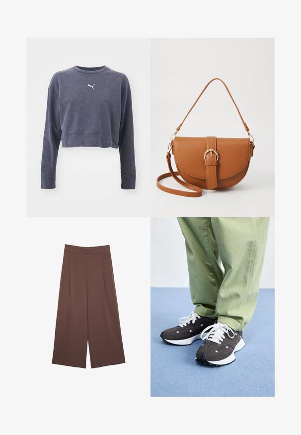 Felpa blu scuro a maniche lunghe, con collo a giro e una texture sottile. Presenta un piccolo logo bianco Puma sul petto.; Pantaloni ampi marroni con una texture liscia, caratterizzati da una vita alta e pieghe frontali. Il tessuto è leggero e scorre liberamente.; Sneakers grigio scuro con lacci bianchi e accenti floreali, dotati di una spessa suola bianca e materiale testurizzato. Indossati con pantaloni verde chiaro.; Borsa a tracolla in pelle marrone con forma curvata, hardware dorato e un dettaglio con fibbia. Presenta una tracolla rimovibile.