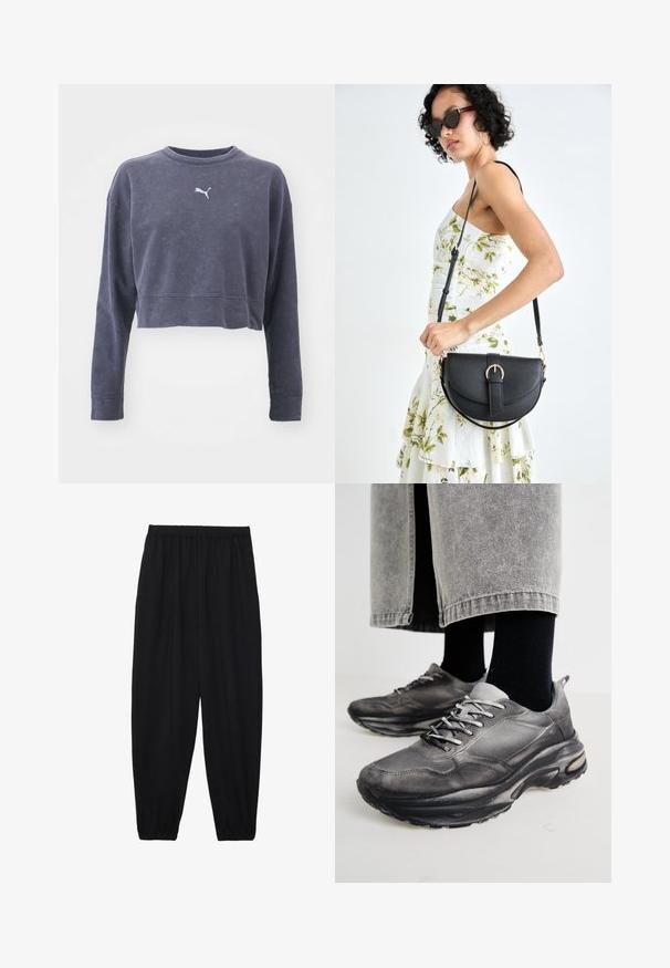 Afgeknotte marineblauwe sweater met lange mouwen, ronde hals en een subtiele textuur. Kenmerkt zich door een klein wit Puma-logo op de borst.; Zwarte, lichte broek met een elastische tailleband en gathered enkels. De stof is glad en heeft een ontspannen, taps toelopend ontwerp.; Zwarte en grijze sport schoenen hebben een mesh bovenkant, dikke zolen en veters. Ze hebben een ronde neus en zichtbare dempingsdetails.; Zwarte leren handtas met een gebogen vorm, afneembare schouderband en gouden hardware. De tas heeft een klep met een gespsluiting.