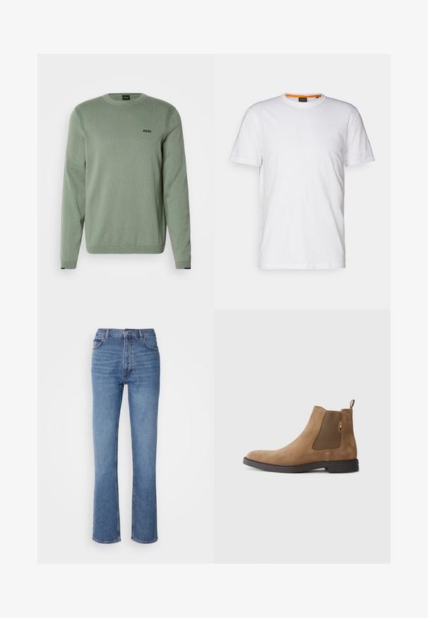 Jasnozielony sweter z dzianiny z długimi rękawami, okrągłym dekoltem, prążkowanymi akcentami oraz czarnym logo "BOSS" na piersi. Gładka tekstura.; Biała bawełniana koszulka z okrągłym dekoltem, krótkimi rękawami oraz subtelnie wytłoczonym logo na klatce piersiowej. Wewnętrzna metka ma pomarańczowy akcent.; Niebieskie dżinsy o wysokim stanie, prostym kroju nogawek i subtelnych przetarciach. Posiadają klasyczny pięciopakowy styl oraz zamek błyskawiczny.; Brązowy zamszowy botek typu Chelsea z elastycznymi panelami bocznymi i pętelką. Posiada zaokrąglony czubek oraz płaską gumową podeszwę dla stabilności.