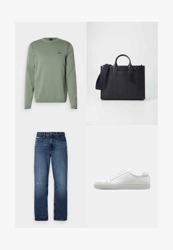Hele rohelise värvi kudum, pikad varrukad, ümmargune kaelus, ribalehed ja must "BOSS" logo rinnal. Sile tekstuur.; Sinine denimist valmistatud sirge jala disainiga teksad. Esiosal on pleekinud alad ja kerge kulumine, klassikaline nupplukuga.; Valge tennisetoss, millel on sile nahk pealis ja madal profiil. Omab ümarat ninaosa, kuut silmust ja tekstuuriga kummist talda.; Tumedat mere nahkbriefcase kahekordsete ülemiste käepidemetega ja eemaldatava rihmaga. Omab tekstureeritud viimistlust, vertikaalset õmblust ja logodetaili.