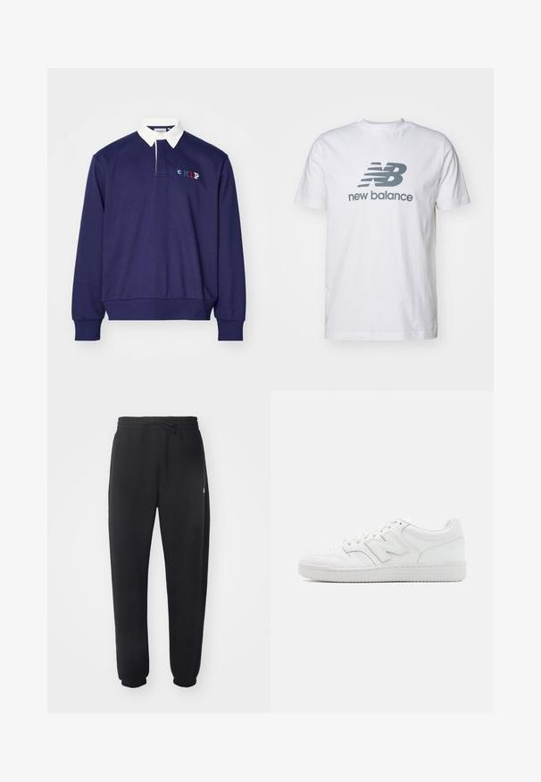 Carhartt WIP FLAGS RUGBY - Pusa - space; Valge puuvillane t-särk, millel on hall "NB" logo ja "new balance" tekst, lühikesed varrukad, klassikaline ümmargune kaelus, sile tekstuur.; Mugavad mustad spordipüksid pehmest materjalist, elastse vöökoha, nööridega ja kitsenevate varrukatega, külgedel on diskreetne logo.; Valged spordijalatsid, mis on valmistatud siledast nahast, sisaldavad aukudega varbaosa, tekstureeritud kummist tallat, lamedaid paelu ja silmapaistvat 'N' logo küljel.