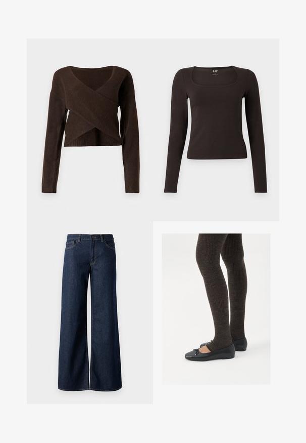 Pruun lühiääreline kampsun, mis on valmistatud pehmest materjalist, millel on sügav V-kaelus, pikad varrukad ja esiosa kattuv disain.; Must musta, sobiv ülikond, neljakandiline kaelus, sildiga GAP, valge tausta peal.; Laiad teksad tumesinises denimis. Omab kontrastõmblusi, viit taskut ja nupukinnitust vööl. Sile tekstuur.; Mustad mustad kingad väikese teksaga varvaste juures, koos tumedate pruunide ribakangastega. Kingadel on sile tekstuur ja madal profiil.