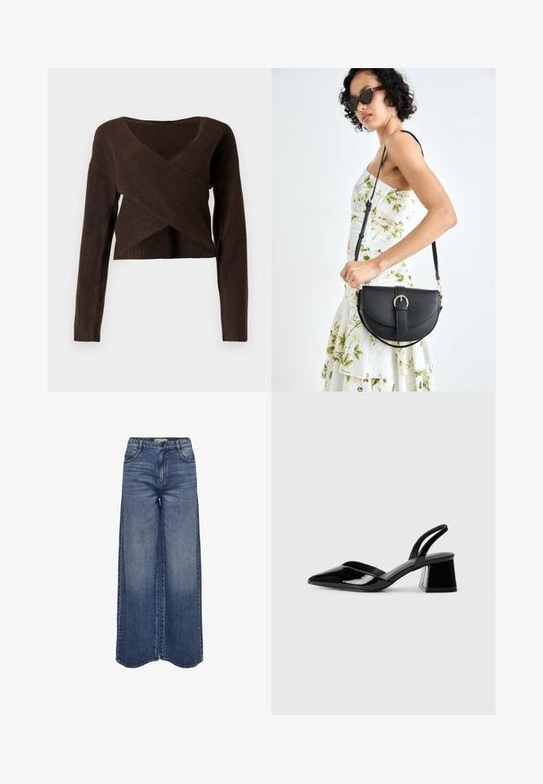 Rjav skrajšan pulover iz mehkega materiala, s globokim V-izrezom, dolgimi rokavi in prekrivnim dizajnom spredaj.; Široke modre jeans hlače z visokim pasom, klasičnim petim žepom in zbledelim perilom za sproščen fit.; Črne lakirane slingback pete s koničastim nosom in geometrijsko blokasto peto. Imajo eleganten, minimalističen dizajn in gladko teksturo.; Črna usnjena torbica s ukrivljeno obliko, z odstranljivo naramnico in zlatimi dodatki. Torbica ima pokrov s podrobnostmi v obliki zaponke.