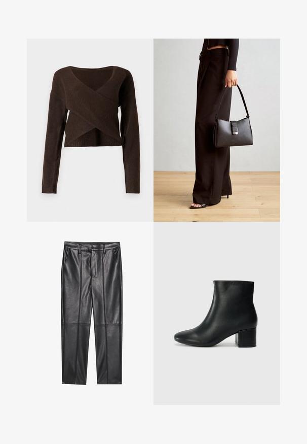 Barna, rövidített pulóver, puha anyagból készült, mély V-nyakkivágással, hosszú ujjal és átfedő kialakítással az elején.; Fekete bőrnadrág sima textúrával, egyenes szabással, két elülső zsebbel és látható varrás részletekkel.; Fekete bőr bokacsizma hegyes orral és vastag sarokkal. Sima felület minimális díszítéssel és karcsú, passzos kialakítással.; Fekete kézi táska strukturált formával, sima textúrával és fémből készült záródással. Széles fekete nadrággal és nyitott orrú szandállal párosítva, fából készült padlón.
