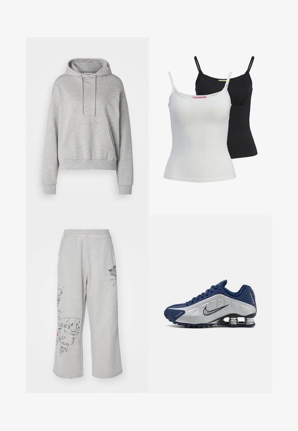 Felpa grigia in misto cotone, con tasca a kangaroo, cappuccio con cordino, maniche lunghe e polsini e orlo a costine.; Due top basic in nero e bianco, realizzati in un tessuto liscio e elasticizzato. Presentano spalline sottili e un design semplice e aderente.; Pantaloni grigi in cotone con elastico in vita, gambe larghe e corte, e illustrazioni grafiche nere, tra cui un cane e dettagli testuali.; Scarpe da ginnastica blu e argento con tomaia texturizzata, perforazioni e suola curva caratterizzata da elementi di ammortizzazione metallici. Accento con logo nero.