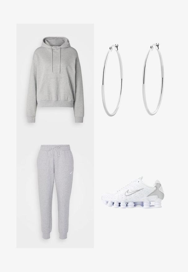 Harmaa huppari, joka on valmistettu puuvillasekoitteesta, ja siinä on kengurupussi, nyörillä varustettu huppu, pitkät hihat sekä ribatut hihansuut ja helma.; Vaaleanharmaat collegehousut, joissa on nyörikiinnitys vyötäröllä, kapenevat lahkeet ja pieni valkoinen logo vasemmassa reidessä. Valmistettu pehmeästä, teksturoidusta kankaasta.; Valkoiset urheilukengät, joissa on verkkokangaspäällinen, hopeiset yksityiskohdat ja ainutlaatuinen kierreellinen pohjamuotoilu. Varustettu pehmustetulla nilkkakohdalla ja nauhakiristyksellä mukautuvaa istuvuutta varten.; Hopeakorvakorut, joissa on sileä, kiillotettu pinta ja saumaton muotoilu, pyöristetyt reunat ja turvallinen lukko.