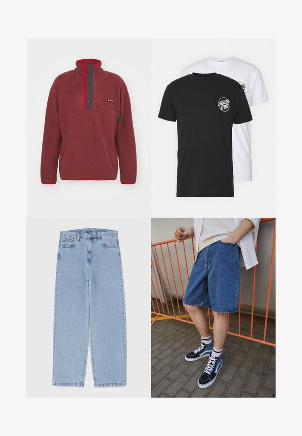 Columbia HELVETIA HALF SNAP - Vesta od flisa - spice; Pakiranje od dva majice: jedna crna, jedna bijela. Obje imaju kratke rukave i okrugli logo na prsima u kontrastnoj boji. Pamuk.; Svijetloplave traperice s ravnim nogavicama, sa srednjim strukom, pet džepova i zatvaranjem na dugme i patentni zatvarač.; Traperice šortse u plavoj boji, do koljena, s prednjim džepom. Uparene s mornarsko plavim i plavim visokim tenisicama, koje imaju bijele vezice i prugaste čarape.