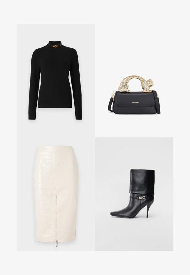 Mustat ribbikuvioiset neuletakit pitkillä hihoilla, korkealla kaula-aukolla ja kontrastivärisellä mustalla kauluksessa, jossa on kultainen yksityiskohta.; Krokodili kuvioitu keinonahkainen kynähame kerma väri, jossa on takana vetoketjukiinnitys ja sileä, kiiltävä rakenne.; Musta nahkasaapas nilkkapituudella, teräväkärkinen, korkea stiletto-korko, käännettävä varsi ja kultainen koristeellinen solki nilkassa.; Musta nahkakäsi, jossa on kultainen kissanmuotoinen kahva, etuohjauslaukku, säädettävä hihna ja logotunnus alaosassa.