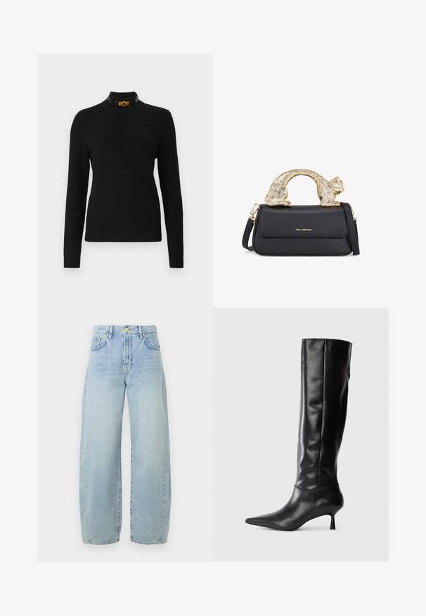 Must musträpiga musta kampsun pikkade varrukatega, kõrge kaelusega ja kontrastse musta kraega, millel on kuldne detail.; Musthave mustriga mustriga mustrahviga mustriga, millel on mitmed kihid ja kogutud dekoltee, luues volüümika silueti.; Heledad hall sinine teksarikangast laiad püksid kõrge vöökohaga, kerge kulumisega, viie taskuga ja kuldse tooni detailidega. Alläär on sirge ja lõpetamata.; Must musta kõrge saabas terava ninaga ja sihvakate kaartega kontsadega. Sile tekstuur, keha vastav disain ja nähtava riistvarata või mustriteta.; Must või voodri tasku ja kuldne kassi kujuline käepide, millel on esine klapp, reguleeritav rihm ja logodetail alumisel ees.