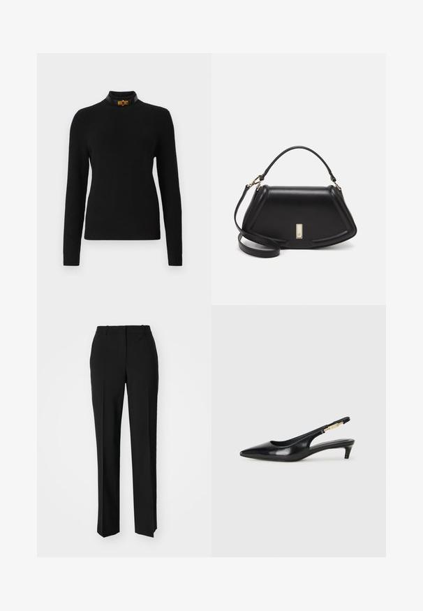 Black ribbed sweater with long sleeves, high neck, and a contrasting black collar featuring a gold hardware accent.; Black tailored trousers with a straight-leg design, featuring a smooth texture and crisp creases along the front. No visible hardware.; Black leather slingback heels with a pointed toe, featuring a slim heel and a gold-tone accent on the adjustable strap. Smooth texture.; Black leather handbag with a structured design, featuring a cropped shape, top handle, and gold hardware accent. Adjustable shoulder strap included.