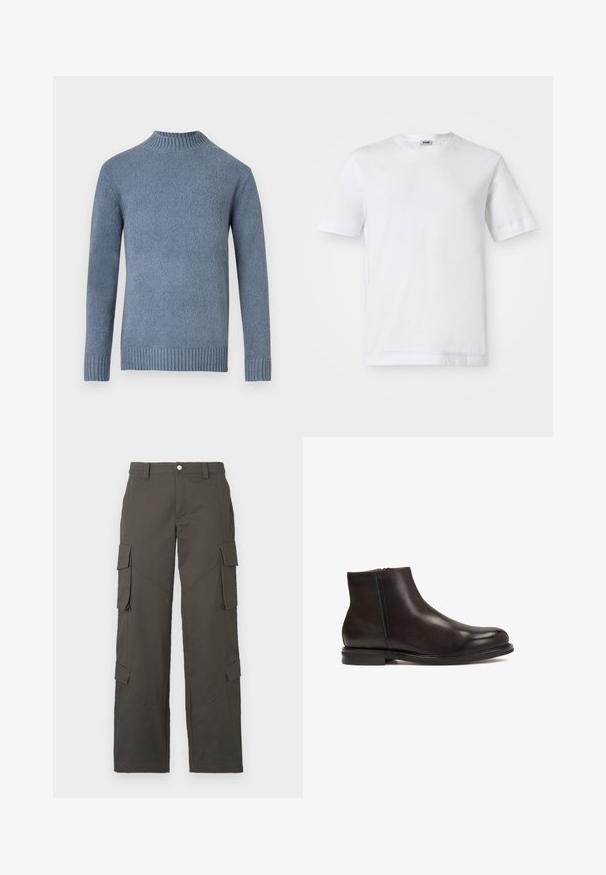 Langärmliger blauer Strickpullover mit geripptem Stehkragen, Bündchen und Saum, auf einem weißen Hintergrund präsentiert.; Weißes Baumwoll-T-Shirt mit kurzen Ärmeln, Rundhalsausschnitt und glatter Textur. Keine Muster oder Akzente sind sichtbar.; Dunkelgraue gerade Cargo-Hosen mit Knopfverschluss und vier Klappentaschen, zwei an den Oberschenkeln und zwei nahe den Waden.; Schwarze Leder-Ankle-Boots mit glatter Textur, runder Zehenform und niedrigem Absatz. Verfügt über einen seitlichen Reißverschluss für einfaches An- und Ausziehen.