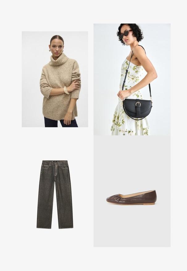 Beige knitted turtleneck sweater with ribbed texture, dropped shoulders, and short sleeves, paired with a translucent bangle on the wrist.; Dark gray wide-leg jeans made of denim, featuring a classic five-pocket design, sturdy stitching, and a zip fly with a button closure.; Brown leather ballet flat with a rounded toe, gathered detailing at the front, and a flat, light-colored sole.; Black leather handbag with a curved shape, detachable strap, and gold hardware. The bag features a flap with a buckle detail.