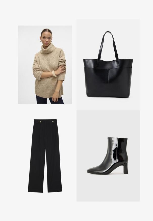 Pulover bej, tricotat, cu guler înalt și textură canelată, cu umeri lăsați și mâneci scurte, asortat cu o brățară translucidă la încheietura mâinii.; Pantaloni negri cu picioare largi, talie înaltă, detalii cu butoane pe talie și pliseuri în față.; Botine negre din piele lacuită, cu vârful ascuțit și toc bloc de înălțime medie. Textură netedă și design minimalist.; Geantă oversized din piele neagră, cu două mânere lungi, de textură netedă și formă structurată. Are un buzunar frontal pentru stocare suplimentară.