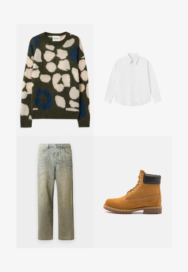 Gebreide trui in olijfgroen met witte en blauwe abstracte vlekken. Heeft een ronde halslijn en geribbelde manchetten en onderrand. Zacht, textuurvol stof.; Witte blouse met een klassieke kraag, lange mouwen en een ronde zoom; heeft een klein oranje logo aan de onderkant aan de linkerkant.; Verweerde denim jeans in lichtgroen, met een rechte pijp, vijf-pocket ontwerp en ongelijkmatige vervaging met verfspatten.; Tan suède enkelboot met zwart gevoerd kraagje, gouden metalen oogjes, witte stikdetails en een robuuste rubberen zool met uitgesproken profiel.