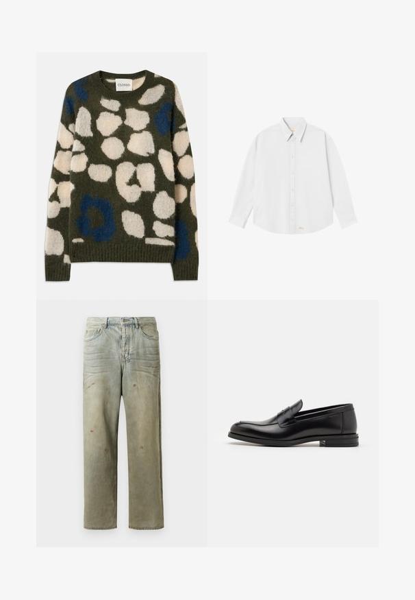 Pītā džemperis olīvu zaļā krāsā ar baltām un zilām abstraktām plankumiem. Ar apļveida kakla izgriezumu un ribotām piedurknēm un apakšmalu. Mīksts, tekstūrēts audums.; Balta krekla ar pogām ar klasisko apkakli, garām piedurknēm un noapaļotu apakšmalu; lejas kreisajā stūrī ir neliels oranžs logs.; Izsistās džinsās gaisā zaļā krāsā, ar taisnu kāju, piecu kabatu dizainu un nevienmērīgu izbalēšanu, kā arī krāsas šļakatas.; Melnas ādas kurpes ar gludu tekstūru, noapaļu purngalu un dekoratīvu siksniņu pāri priekšpusei. Zems sakrauts papēdis, minimālisma dizains.