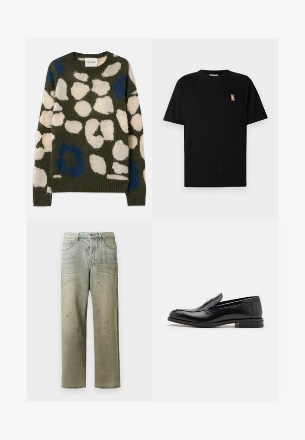 Kudottu villapaita oliivinvihreänä, jossa on valkoisia ja sinisiä abstrakteja laikkuja. Ominaisuuksiin kuuluu pyöreä pääntie sekä resorikuvioidut hihat ja helma. Pehmeä, teksturoitu kangas.; Mustat lyhythihaiset pyöreäkauluksiset t-paidat, joissa on pieni brodeerattu oranssi kettu-logo vasemmassa rinnassa.; Vaaleanvihreät kulutetut farkut suoran lahkeen, viiden taskun muotoilun ja epätasaisen haalistumisen sekä maalikohoumiin kanssa.; Mustat nahkakengät, joissa on sileä pinta, pyöreä kärki ja koristeellinen nauha jalkapöydän yli. Matala pinoitu koroke, minimalistinen muotoilu.