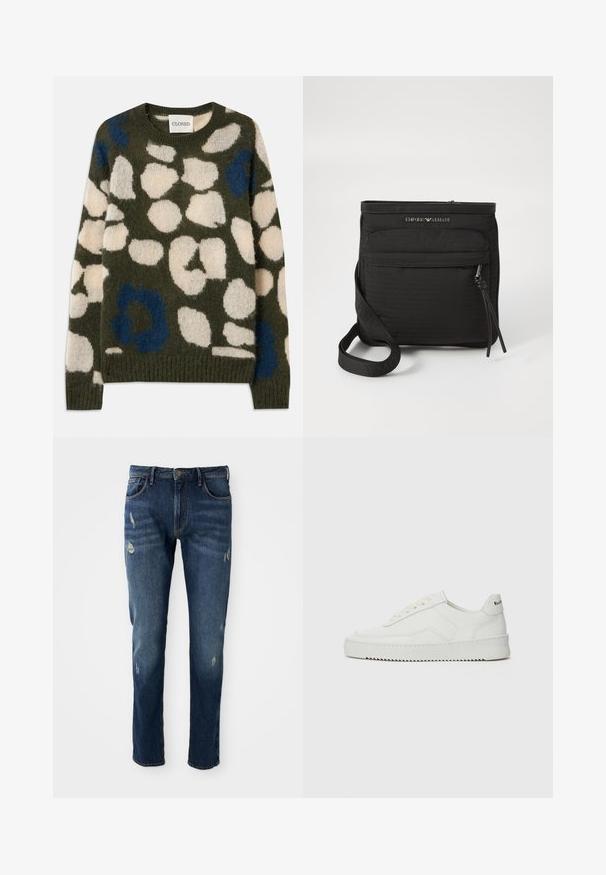 Gebreide trui in olijfgroen met witte en blauwe abstracte vlekken. Heeft een ronde halslijn en geribbelde manchetten en onderrand. Zacht, textuurvol stof.; Donkerblauwe denim jeans met slim fit, lichte slijtage op de dijen en knieën, klassiek vijf-pocket ontwerp en knoopsluiting.; Witte leren sneaker met een gladde afwerking, ronde neus, platte veters en een gestructureerde zool. Kenmerkt zich door een subtiel logo op de hiel.; Zwarte Emporio Armani schoudertas met voorzak met rits, verstelbare strap en logo-detail op gestructureerde stof.