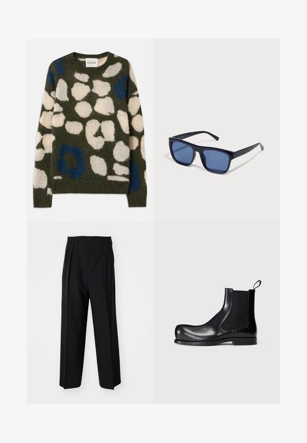 Pletený svetr v olivově zelené barvě s bílými a modrými abstraktními skvrnami. Obsahuje kulatý výstřih a žebrované manžety a lem. Měkká, strukturovaná tkanina.; Černé skládací kalhoty s rovnými, širokými nohavicemi. Vyrobené z hladké tkaniny, se zapínáním na knoflík a poutky na opasek.; Černé kožené chelsea boty s elastickými bočními panely, zaoblenou špičkou a strukturální podešví. Design zdůrazňuje štíhlý, moderní profil.; Černé plastové sluneční brýle s obdélníkovými rámy, modře zabarvenými skly a úzkými bočními rameny, s lesklým povrchem.