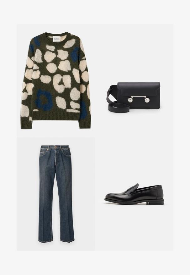 Olive rohelises lõngadest kootud sviiter, millel on valged ja sinised abstraktsed täpid. Omab ümarat kaelust ning sooniku ääriseid ja allserva. Pehme, tekstuuriga kangas.; Tumedast sinised sirged teksapüksid, millel on ees nupp, tõmblukk, kaks eesmist taskut ja nähtavad vertikaalsed kortsud pükste jalgu pidi.; Mustad mustad nahast loafers sileda tekstuuriga, ümarat ninaosa ja dekoratiivne riba vampi üle. Madal kihiline konts, minimalistlik disain.; Must со хsaid crossover kottiga black nahka, mis on varustatud klapiga sulgemisega, hõbedased detailid ja kaks ümmargust aksessuaar. Omab eemaldatavat rihma. Sile tekstuur.