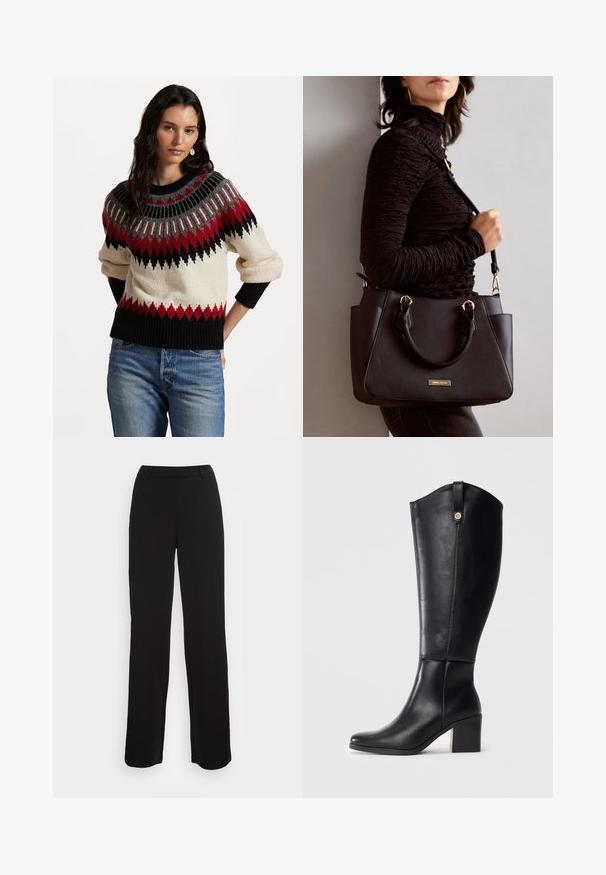 Strickpullover mit cremefarbener Basis, schwarzen und roten geometrischen Mustern sowie einem gerippten Kragen und Bündchen. Weiche Textur mit lockerer Passform.; Schwarze Hose mit geradem Bein, glatter Textur und enganliegendem Bund. Verfügt über Fronttaschen und minimalen Nähdetails.; Schwarze knielange Lederstiefel mit einer quadratischen Spitze und Blockabsatz. Enthält eine Seitennaht und eine dekorative Metallakzent oben.; Schwarze Handtasche mit strukturierten Oberflächen, doppelten Obergriffen und verstellbarem Schultergurt. Mit goldfarbener Hardware und Seitentaschen.