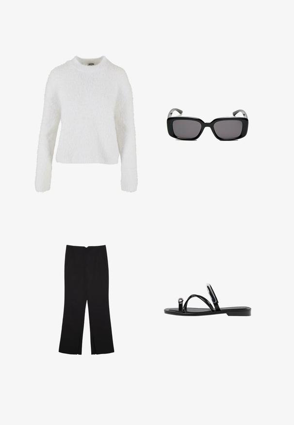 Weißer, flauschiger Pullover aus weichem Material. Mit Rundhalsausschnitt und langen Ärmeln in lockerer Passform. Keine Muster oder Verzierungen.; Schwarze Hose mit geradem Schnitt, ausgestattet mit Fronttaschen und Seitenschlitzen am Saum. Hergestellt aus weichem, glattem Stoff. Geeignet für verschiedene Anlässe.; Schwarze flache Sandalen mit glänzender Oberfläche, drei dünnen Riemen und einem runden Hardware-Detail an den Zehen. Elegantes Design mit einem minimalen Absatz.; Schwarze rechteckige Sonnenbrille mit dunklen Gläsern, glattem Kunststoffrahmen und gebogenen Bügeln. Das Design ist klobig mit einer minimalistischen Ästhetik.