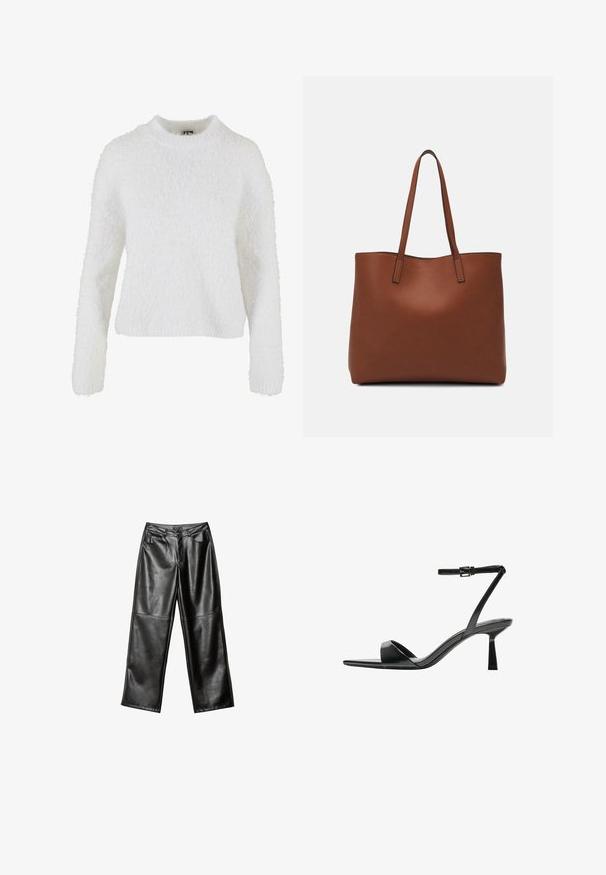 Bílý, nadýchaný svetr z měkkého materiálu. Má kulatý výstřih a dlouhé rukávy s volným střihem. Bez vzorů nebo zdobení.; Černé kožené kalhoty s širokými nohavicemi, hladkým povrchem, pěti kapsami a prošitím podél nohavic a pásku.; Bershka Sandály na vysokém podpatku - black; Hnědá kožená taška přes rameno s hladkou texturou, otevřeným designem a dvěma ramenními popruhy. Obsahuje minimální švy a žádné viditelné kovové prvky.
