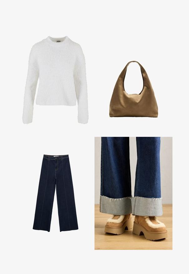 Bílý, nadýchaný svetr z měkkého materiálu. Má kulatý výstřih a dlouhé rukávy s volným střihem. Bez vzorů nebo zdobení.; Široké tmavé džíny s kontrastním šitím, vysokým pasem a rovnými nohavicemi. Obsahují přední kapsy a klasické zapínání na knoflík.; Hnědé semišové platformové boty s krémovým kožešinovým podšívkou, spárované s volnými džínovými kalhotami se třepenými lemy a světlým džínovým manžetou.; Hnědá textilní taška přes rameno s širokým, zaobleným tvarem a velkým výřezem na rukojeť. Měkká textura, minimalistický design a žádné viditelné kovové prvky.