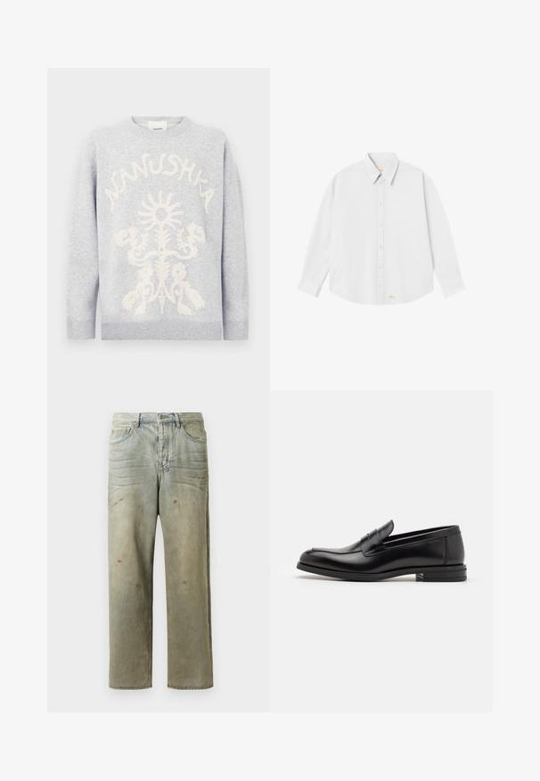 Šviesiai pilkas džemperis su balta tekstūruota gėlių kompozicija ir tekstu "Nanushka", išlenktu virš dizaino priekyje.; Balta marškinėliai su apykakle, ilgomis rankovėmis ir suapvalintu apačiu; priekinėje dalyje apatiniame kairiajame kampe pažymėtas mažas oranžinis logotipas.; Šviesiai žaliai nuvarytos džinsinės kelnes, su tiesiomis kojomis, penkių kišenių dizainu, nelygiai blukščiantis ir su dažų lašeliais.; Juodos odinės loafers, turinčios lygų paviršių, apvalią noselę ir dekoratyvinę juostą per priekinę dalį. Žemas krentantis kulnas, minimalistinis dizainas.