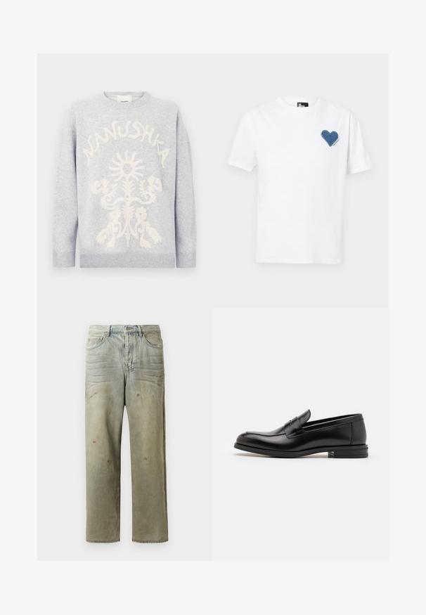 Világosszürke pulóver fehér, texturált virágmintával és a "Nanushka" felirattal, amely ívesen helyezkedik el a minta felett az elején.; Fehér pamut póló, bal mellrészen kék farmer szív alkalmazással. Rövid ujjak és klasszikus kerek nyak.; Fakó zöld, kopott farmerszadrág, egyenes lábbal, ötk zsebes kialakítással, egyenetlen kopással és festékcseppekkel.; Fekete bőr loaferek sima textúrával, kerek orral és dekoratív pánttal a vampnál. Alacsony, rétegelt sarkú, minimalista dizájn.