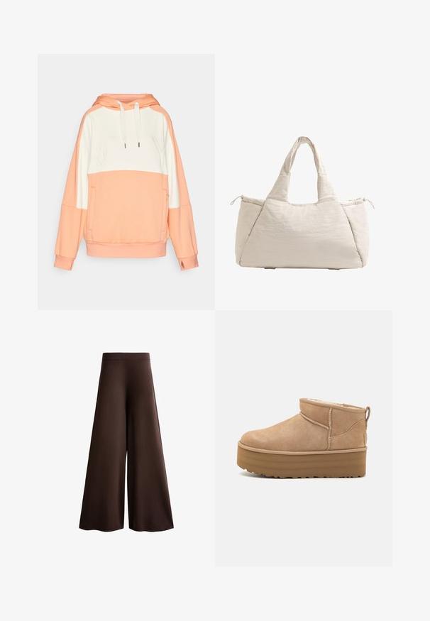 Hoodie w kolorze brzoskwiniowym i białym z kangurzą kieszenią, regulowanym kapturem ze sznurkiem oraz wytłoczonym logo "ROXY" na klatce piersiowej.; Brązowe szerokie spodnie wykonane z miękkiej tkaniny, z wysokim stanem, subtelną teksturą oraz płynną sylwetką bez widocznych zapięć czy ozdób.; Beżowe zamszowe botki za kostkę z miękkim wnętrzem, z platformą i pętlą z tyłu ułatwiającą zakładanie. Teksturowana gumowa podeszwa.; Beżowa pikowana torba na ramię z dwoma uchwytami, zaokrąglonym kształtem, teksturowanym materiałem i boczną kieszenią ze sznurkiem. Gładkie wykończenie, minimalistyczny design.