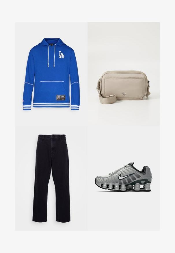 Mėlynas džemperis su kapišonu, priekinė kišenė, balta logo ir raišteliai. Yra kontrastinės baltos juostos apykaklėje ir rankovėse.; Balta, ilga rankovė T-maiša, pagaminta iš medvilnės. Apvalios iškirptės dizainas su raukiniais ant rankovių ir nedidelis logotipas ant kairės rankovės. Glotni tekstūra.; Juodi džinsiniai kelnių modeliai su tiesia kojų forma, turintys sagą ir užtrauktuką, diržo kilpos ir minimalūs siuvimo detalės.; Pilkai juodas Nike bėgimo batas su matomu pavasario tipo amortizacija po padu ir baltu swoosh logotipu šone.; Bežinė per petį nešiojama bagetė su lygiu nailono paviršiumi, užtrauktuko uždarymu, reguliuojama dirželiu ir priekinėmis kišenėmis su subtiliu logotipo akcentu.