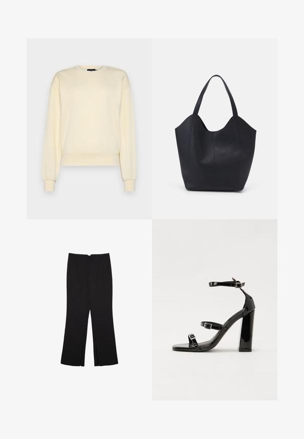 Pieces PCCHILLI LOOSE - Mikina - white pepper; Černé kalhoty s rovným střihem, s předními kapsami a bočními rozparky na lemu. Vyrobené z jemné, hladké tkaniny. Vhodné na různé příležitosti.; Černé lakované sandály na podpatku se čtveratou špičkou, lýtkovými pásky a stříbrnými přezkami. Disponují masivním blokovým podpatkem pro stabilitu.; Černá taška přes rameno vyrobená z hladké kůže, s zakřiveným, otevřeným vrchem a dvěma ramenními popruhy, s minimalistickým designem.