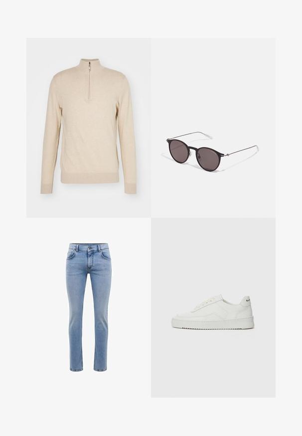 KNITID CASHMERE BLEND EASY FIT HALF ZIP - Strickpullover - sable; Hellblaue, slim-fit Jeans aus Denim mit fünf Taschen und geradem Bein. Mit Reißverschluss und Gürtelschlaufen ausgestattet. Weicher Stoff.; Weiße Ledersneaker mit glatter Oberfläche, runder Zehenpartie, flachen Schnürsenkeln und strukturiertem Sohlenprofil. Mit einem dezenten Logo an der Ferse.; Schwarze runde Sonnenbrille mit dunklen Gläsern und schlanken Metallbügeln. Enthält klare Tempelspitzen und silberne Akzente am Scharnier. Minimalistisches Design.