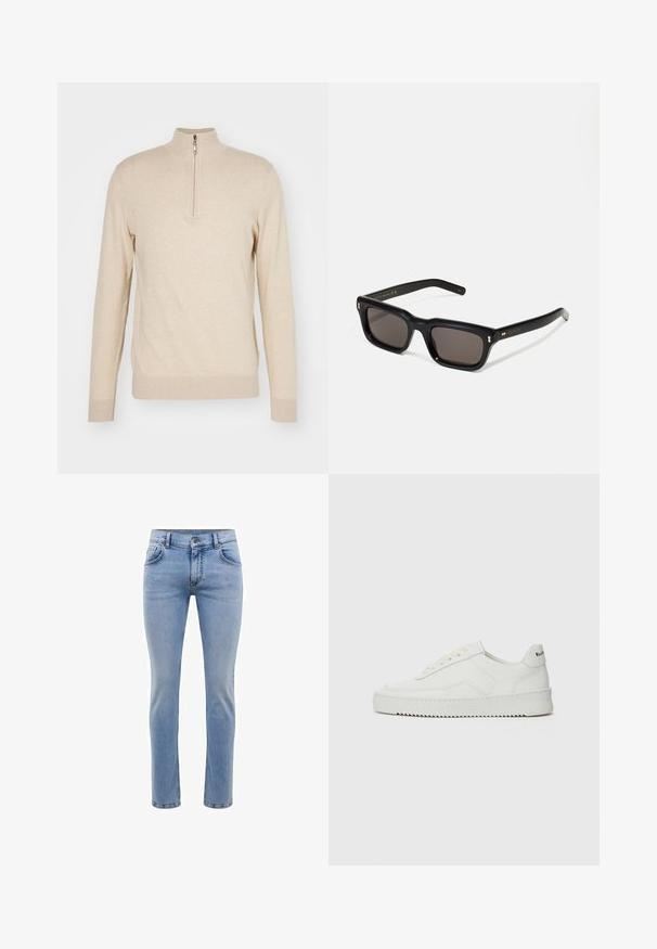 KNITID CASHMERE BLEND EASY FIT HALF ZIP - Maglione - sable; Jeans in denim blu chiaro con vestibilità slim, cinque tasche e design a gamba dritta. Presenta un'apertura con zip e passanti per cintura. Texture morbida.; Sneaker in pelle bianca con una finitura liscia, punta rotonda, lacci piatti e suola testurizzata. Presenta un logo discreto sul tallone.; Occhiali da sole neri rettangolari con lenti scure, montatura spessa in plastica, dettagli dorati sulle tempie e logo del marchio inciso sull'asta.