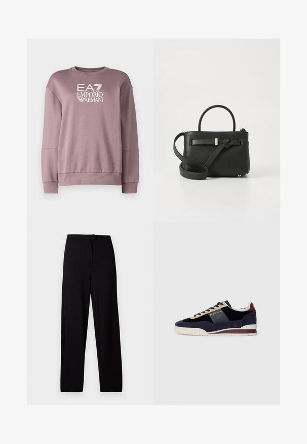 EA7 Emporio Armani FELPA - Melegítőfelső - pink; Fekete, bő szárú nadrág puha, rugalmas anyagból. Simaság jellemzi a derékrészt, nincsenek látható varrások vagy zsebek. Egyszerű és sokoldalú dizájn.; Tengerészkék nubuk sportcipő bézs és sötétkék akcentusokkal. Fehér gumitalppal és arany logóval az oldalon. Klasszikus sportos dizájn.; Fekete bőr kézitáska texturált felülettel, felső fogantyúkkal és hosszú, állítható pánttal. Az elején aranyszínű kiegészítő díszítéssel rendelkezik.