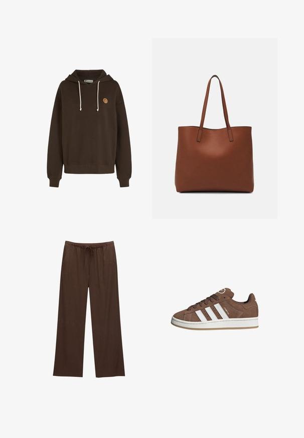 Brun bomulds hættetrøje med justerbare snore, ribbede manchetter og et lille logo patch på forsiden. Komfortabel og afslappet design.; Brune brede bukser lavet af blød stof, med elastisk talje og snøre samt to sidelommer.; Brune ruskinds sneakers med hvide læderstriber, gummisål, rund tå og snørebåndsfront. Har et logo på tungen og perforerede detaljer.; Brun læder tote taske med en glat overflade, åben topdesign og to skulderremme. Har minimal syning og ingen synlig hardware.